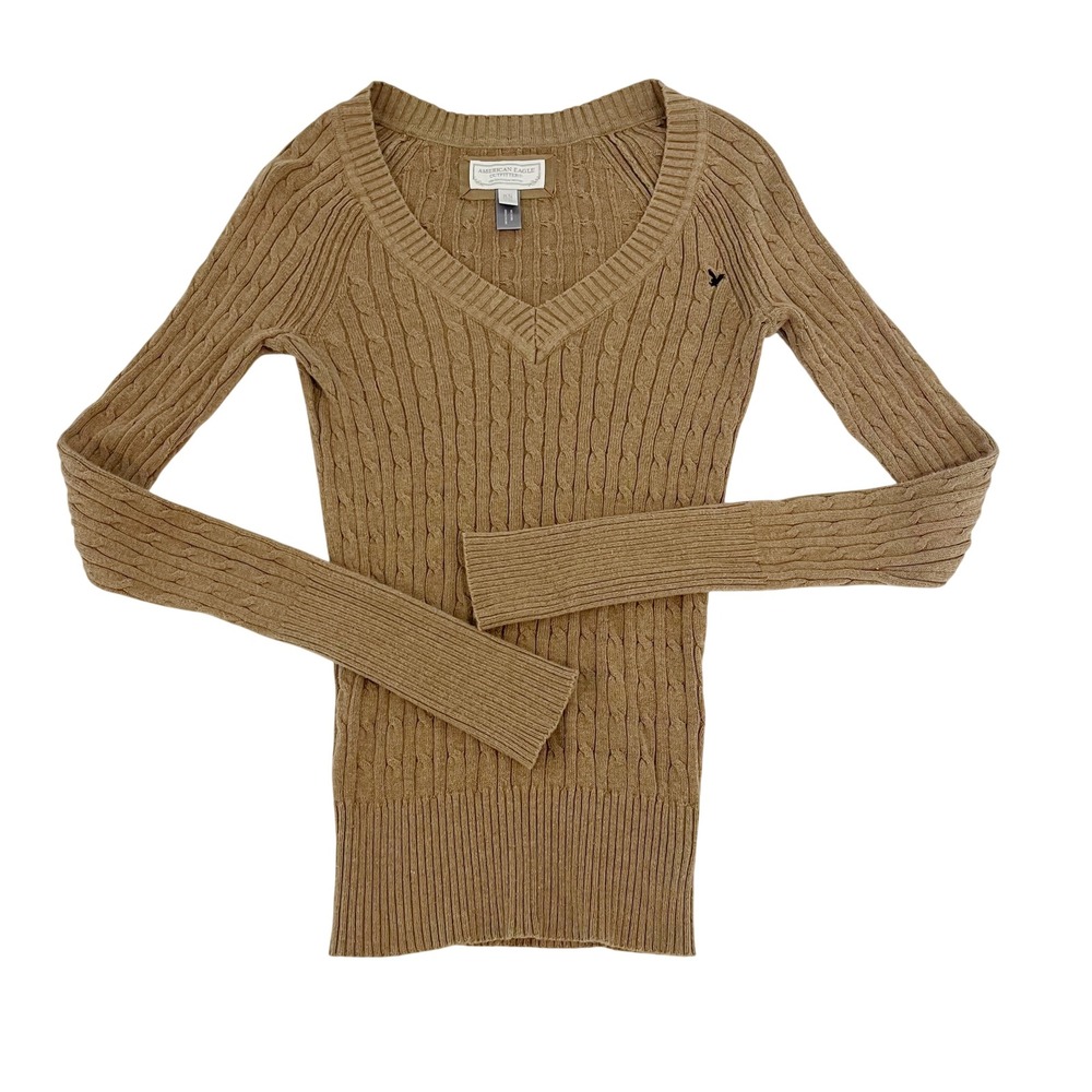 American Eagle V-Neck Cable Knit Sweater Tan Camel Cotton Preppy Y2K‎ Womens XS